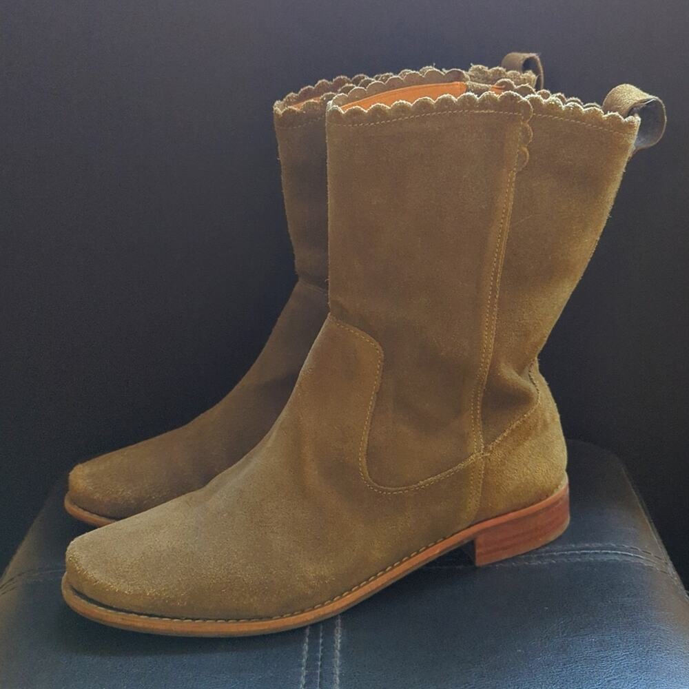 Jack Rogers Olive Green Suede Scalloped Edge Pull On Calf High Fall Boots